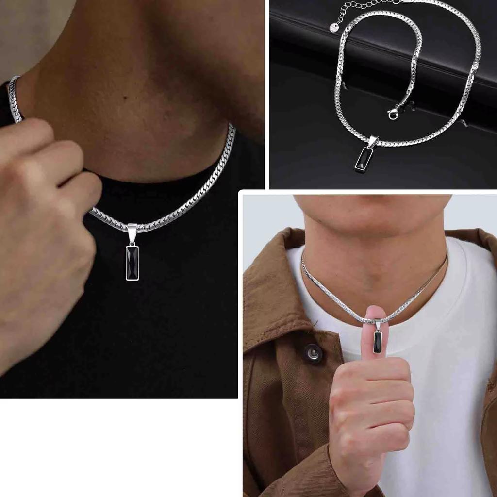 Geometric Square Black Blue Pendant Necklace Stainless Steel Simple Flat Cuban Chain Collars Trendy Hip Hop Jewelry Gift for Men