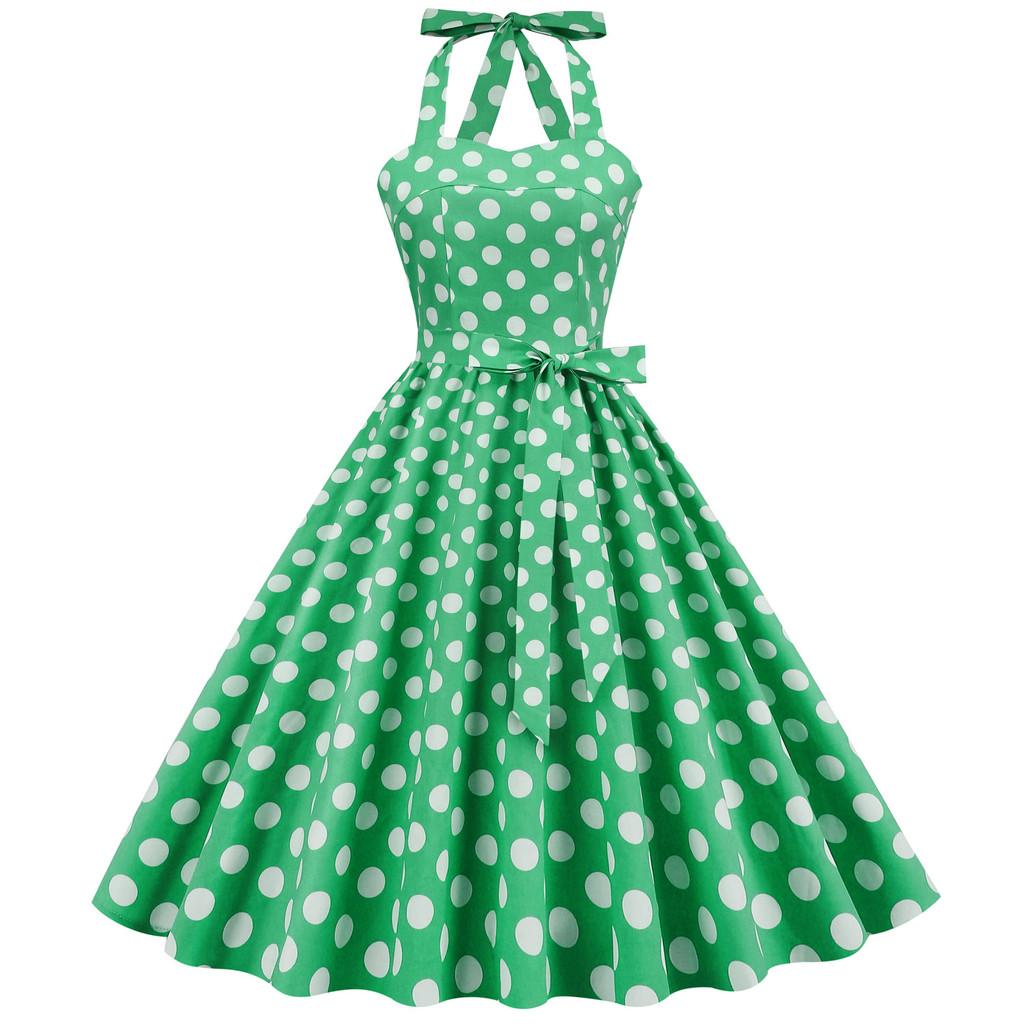 Vintage Polka Dot Cotton Dress With Tie Back And Offshoulder Design For Women