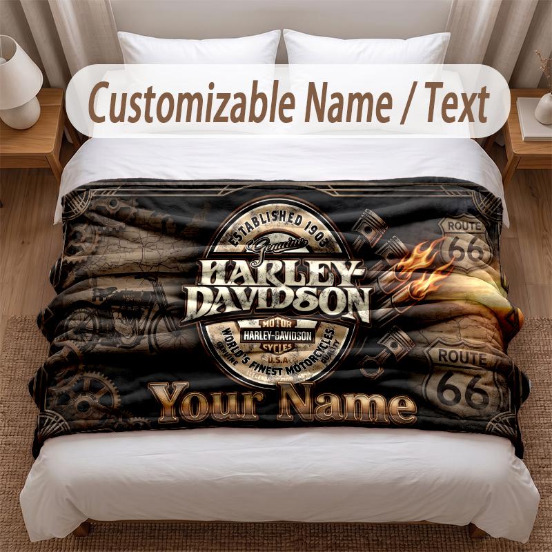 Harley-Davidson Printed Flannel Blanket Custom Name Text Soft Warm Throw For Bedroom Holiday Gift