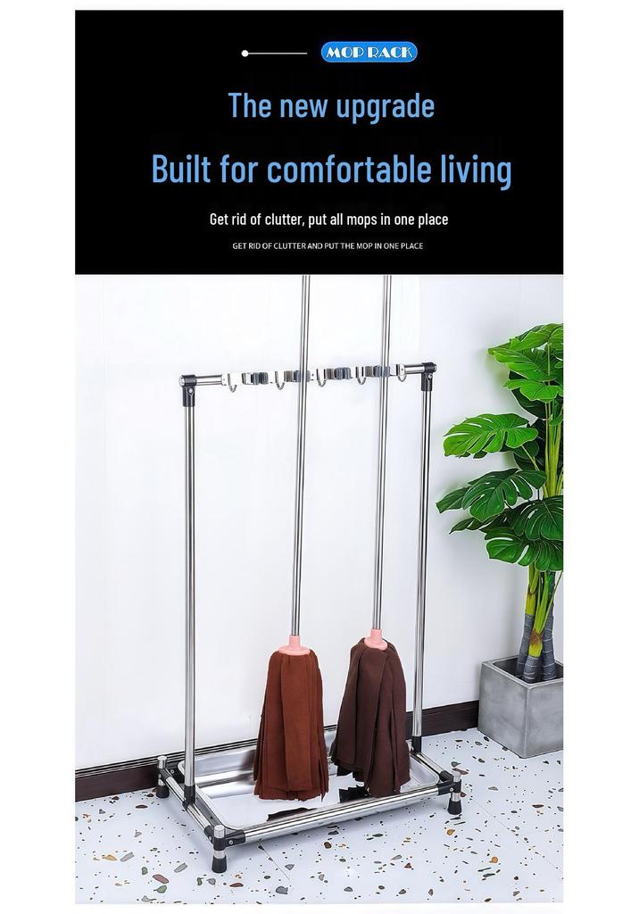 Stainless Steel Movable Mop and Broom Storage Rack for Commercial Hotel Linen Cart.