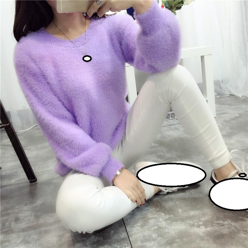 Zimní imitace norkové vlny fleecový dámský svetr s kulatým výstřihem, dlouhým pufovaným rukávem, elastický, ležérní pletený dámský pulovr, jednobarevný