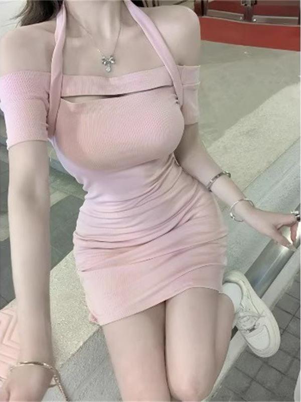 Pure desire style sexy hollow neck open shoulder dress women's clothing autumn Korean version slim and thin versatile hip wrap skirt