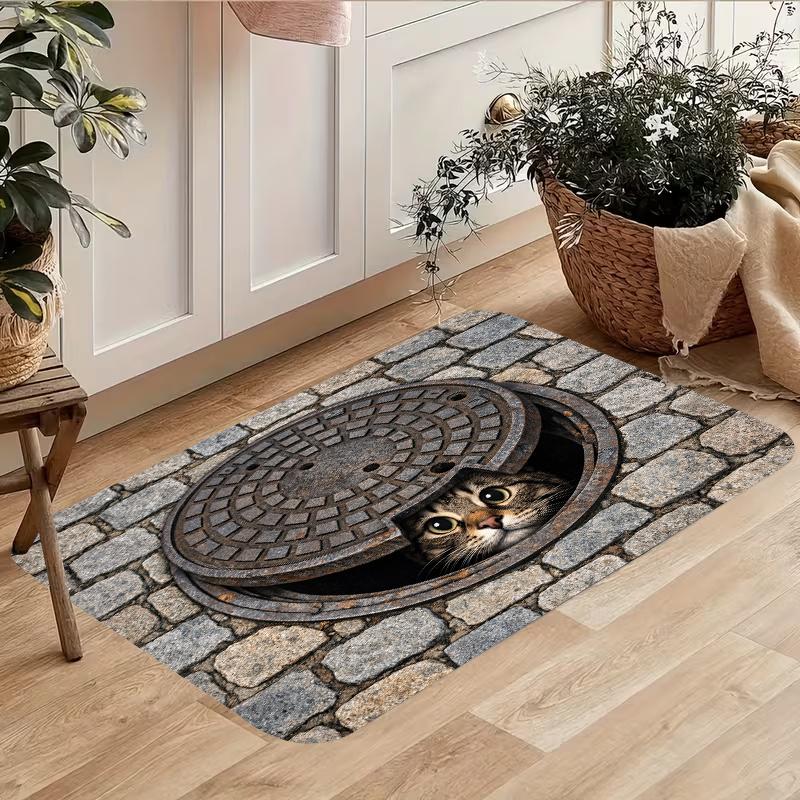 3D Visual Cat Manhole Cover Door Mat Anti‑Slip Absorbent Floor Mat For Entrance Hallway Indoor Home Decor