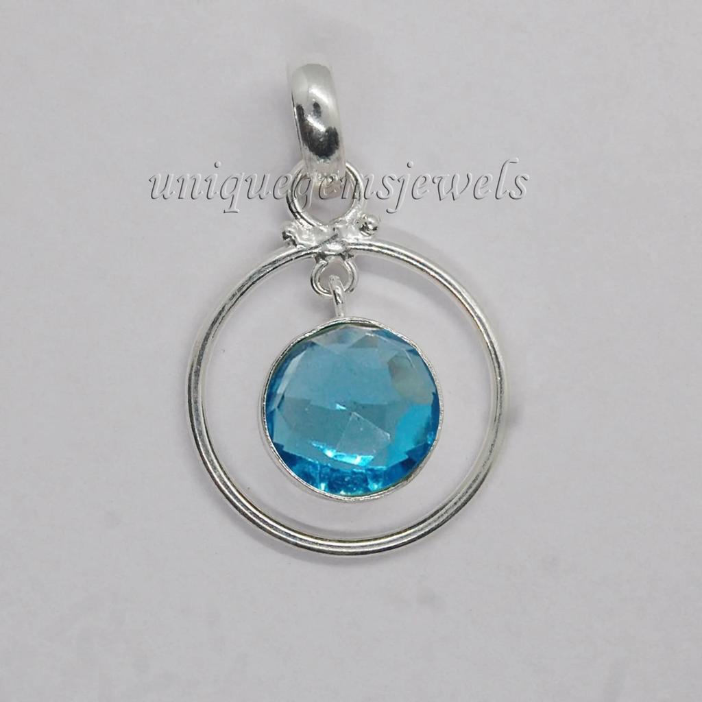 Round Rose Cut Blue Topaz 925 Sterling Silver, Yellow Gold Overlay, Rose Gold Overlay Pendant Jewelry, Handmade Fine Silver Pendant