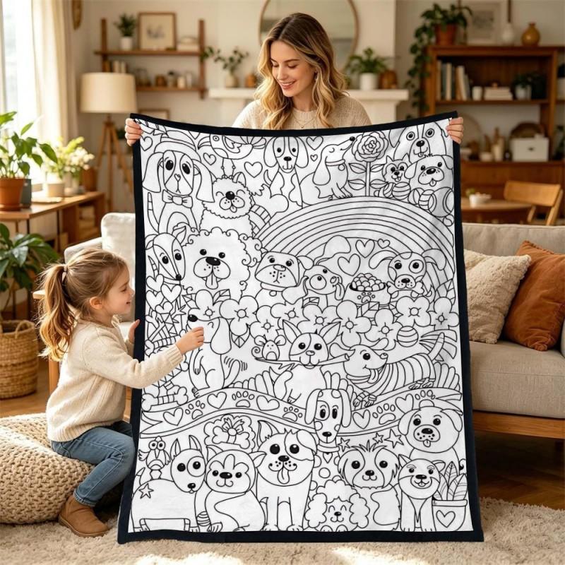 Kids Coloring Blanket Family DIY Painting Activity Gift Animal Themed Soft Throw