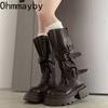 Winter Fashion Platform Woman Knight High Boots Fashion Belt Buckle Thick Sole Shoes Ladies Slip On Modern Long Botas