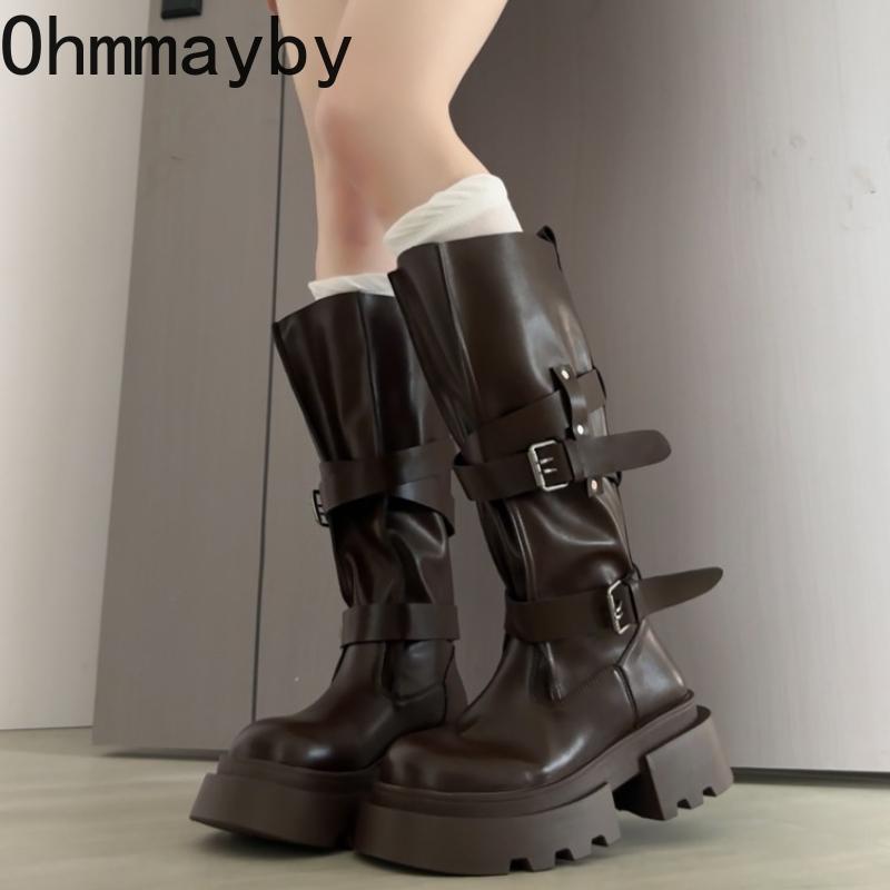 Winter Fashion Platform Woman Knight High Boots Fashion Belt Buckle Thick Sole Shoes Ladies Slip On Modern Long Botas