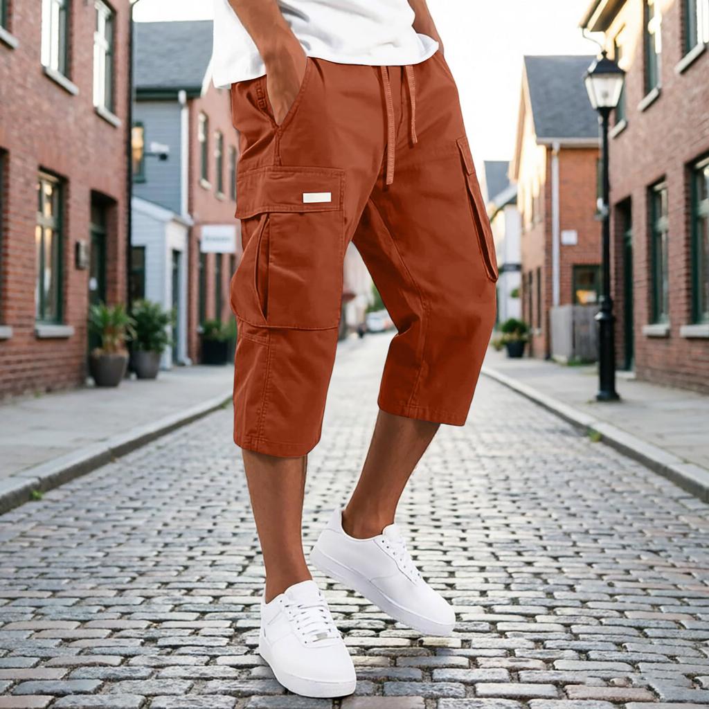 Men's Cargo Shorts Drawstring Waist Multi Pocket Workwear Style Casual Knee Length Trousers Lightweight Durable Fabric