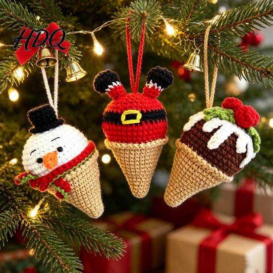 Cozy Handmade Winter Decor Crochet Christmas Ornament Ice Cream Theme Desktop Decor Holiday Warmth Gifts Cute Yarn Figurine for Home Office