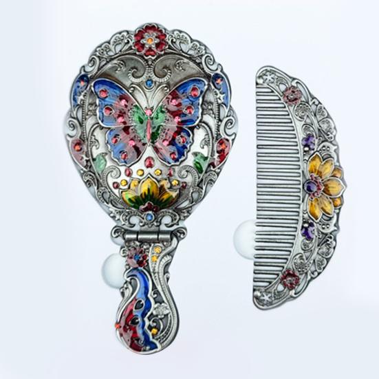 Vintage Folding Hand Mirror with Carved Comb Portable Travel Long Handle Metal Makeup Mirror Women Decorative Handheld Desk Vanity Mirror