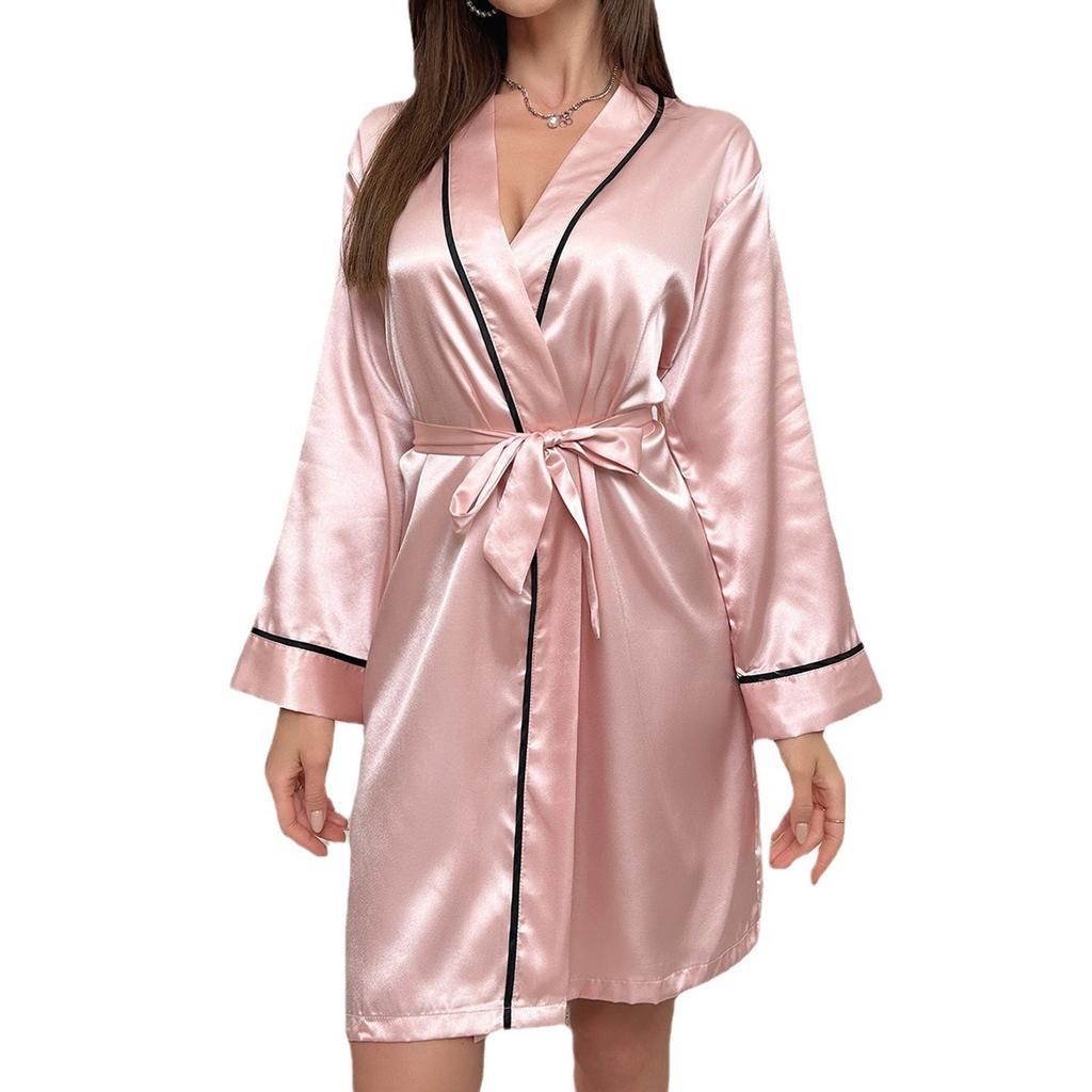 Solid Color Satin Nightgown Long Sleeve V Neck Pajama Belt Sexy Women's Nightgown