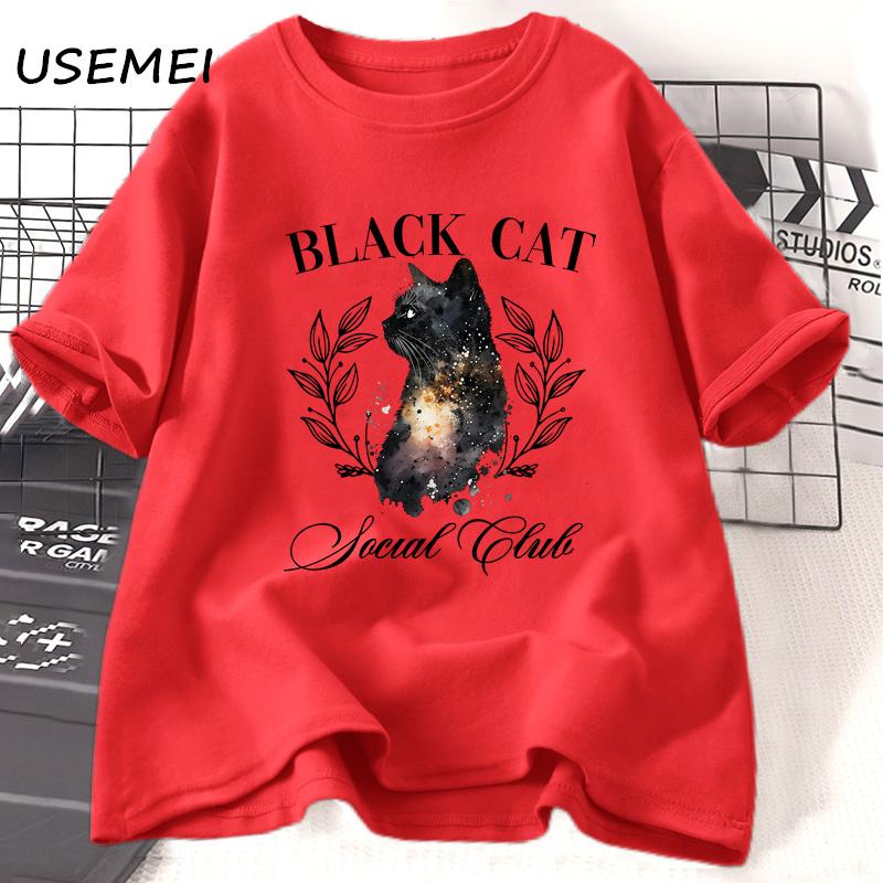 

Spooky Season Black Cat T Shirt Halloween Spooky Goth Fall Graphic T Shirts Women Men Cotton Short Sleeve Tshirt Womens S