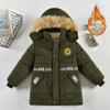 Autumn Winter Boys Jacket Long Style Letter Print Thick Warm Hooded Coat Fur Collar Down Cotton Outerwear for 4-10 Years Kids