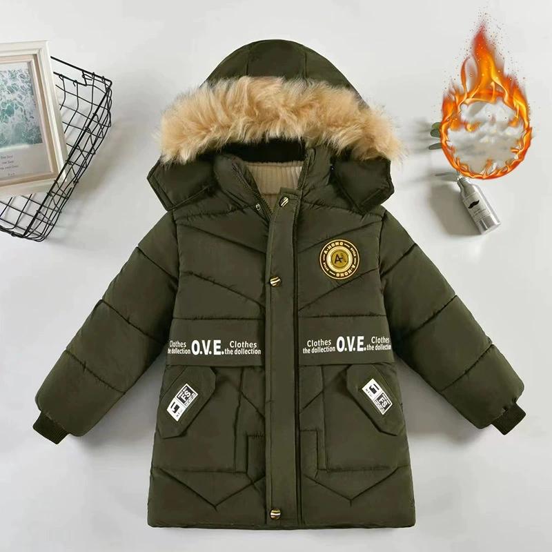 Autumn Winter Boys Jacket Long Style Letter Print Thick Warm Hooded Coat Fur Collar Down Cotton Outerwear for 4-10 Years Kids