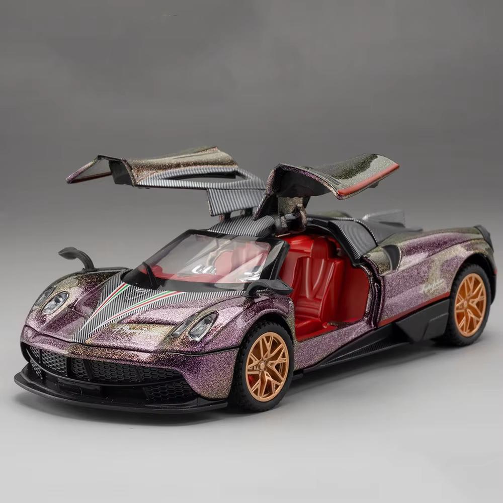 

Новый 1:32 Pagani Supercar литой металлический сплав модель автомобиля библиотека статические звуковые и световые украшения подарок на день рождения для парня фиолетовый