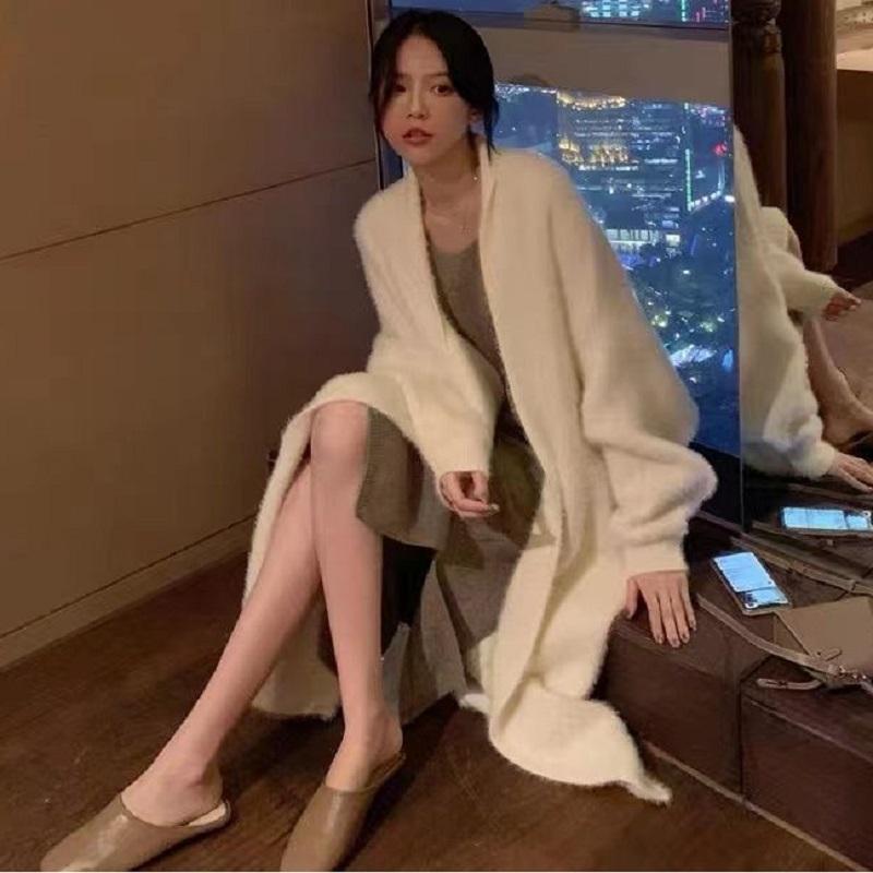 White Long Cardigan for Women Winter Clothes Knitted Fluffy Long Sleeve Cashmere Sweater Coat Clotkorean Style Warm Vintage