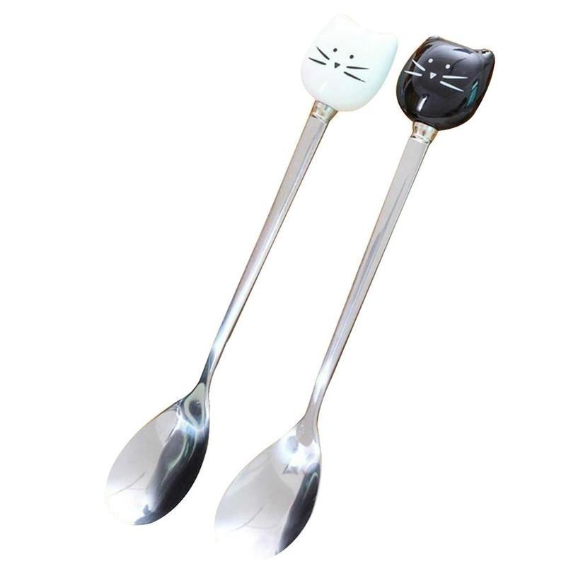 1KS Kreslený Roztomilý Kreativní Keramika Černobílá Kočka Nerezová Ocel Ovoce Malá Vidlička Káva Mléko Čaj Míchací Lžička