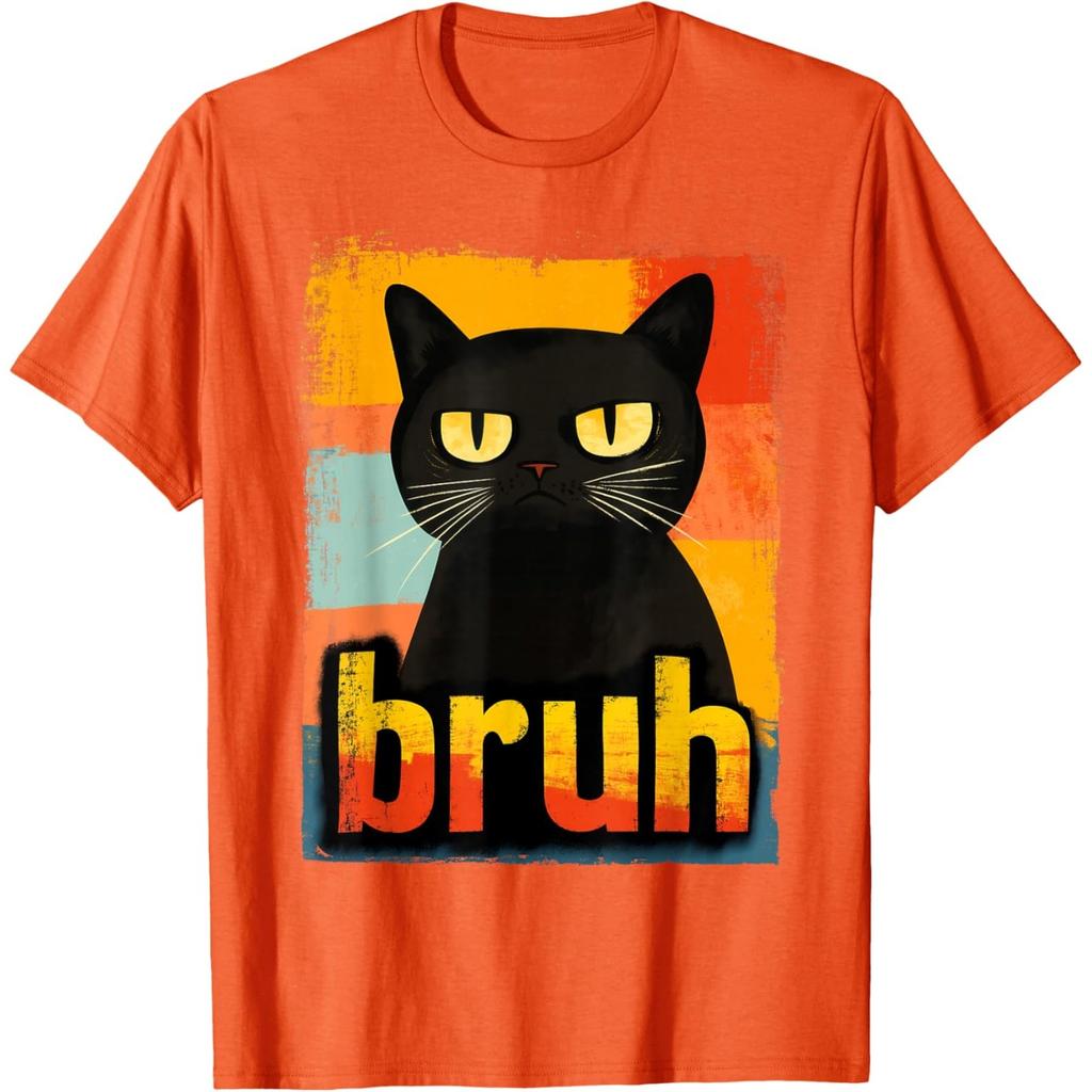 Bruh Grumpy Black Cat Meme Graphic TShirt Funny Retro Style Tee for Unisex Women