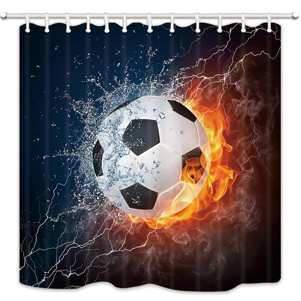 Abstract Football Pattern Shower Curtain Sport Theme Soccer Black and White Colors Waterproof Polyester Bath Curtain with Hooks