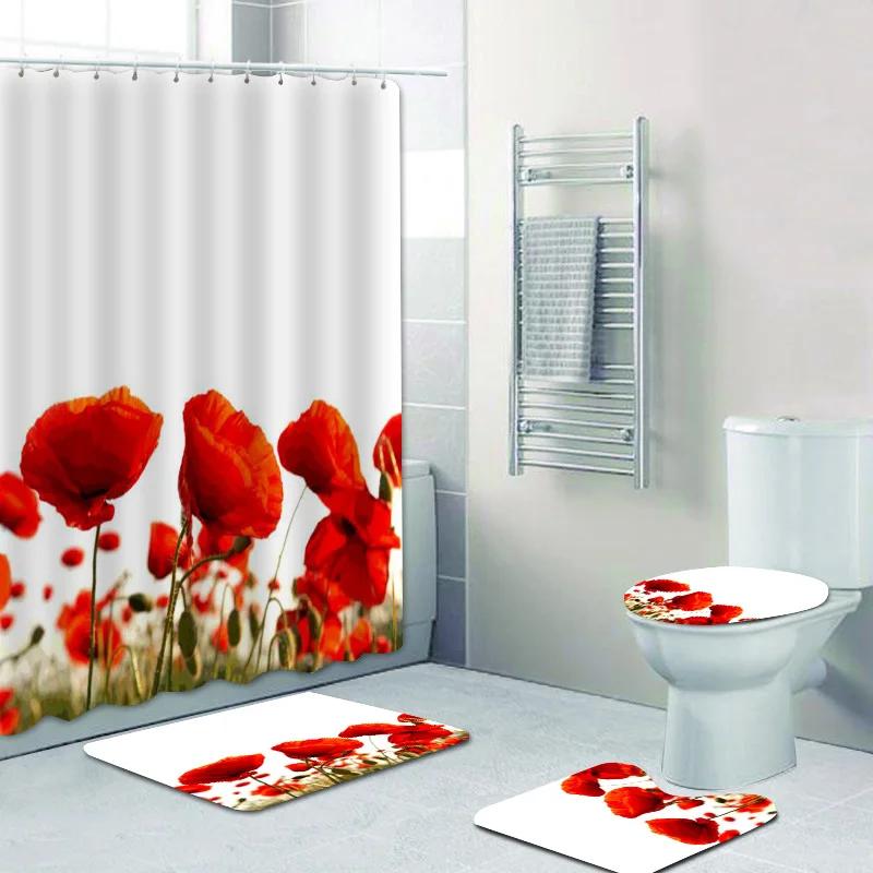 Elegant Bouquet Of Fantastic White Flowers 3D Style Shower Curtain Floral Bathroom Curtains With Bath Rugs Carpet Set Home Decor