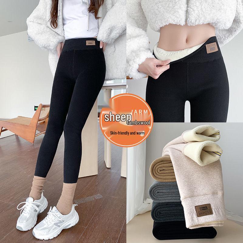 Extra Thick High Waist Women's Lambswool Fleece Leggings with Knee Pads