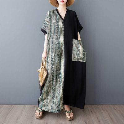 Summer Cotton and Linen V-neck Short Sleeved Dress