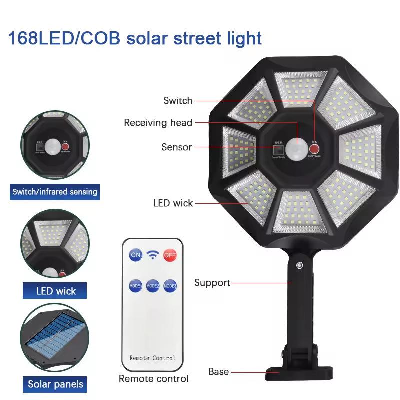 Outdoor Solar Street Light 168 LED Floodlights Wall Light with Motion Sensor IP44 Waterproof Suitable for Courtyards and Facades