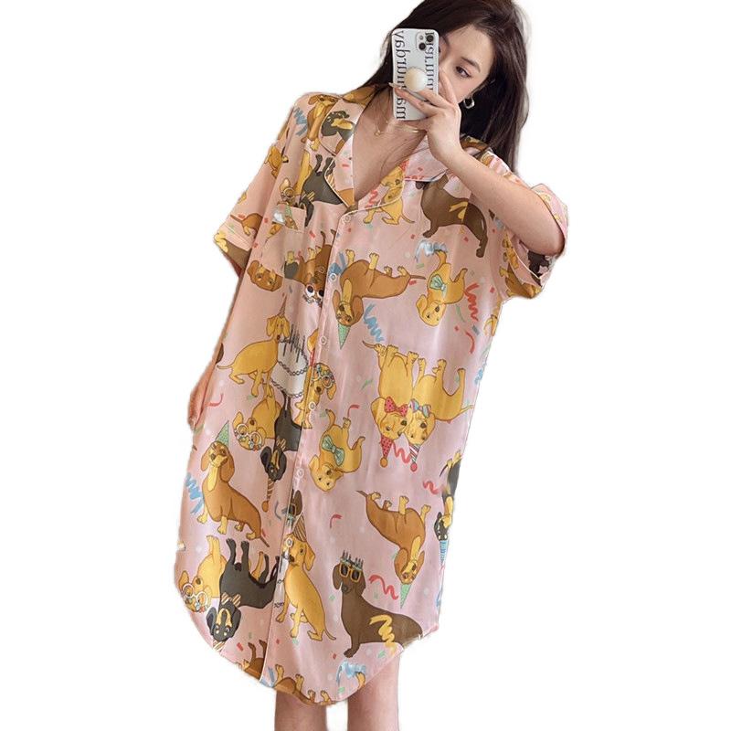 High-Value Cartoon Animal Ice Silk Short-Sleeved Pajamas Women'S Summer Monsoon Casual Loungewear Nightgown