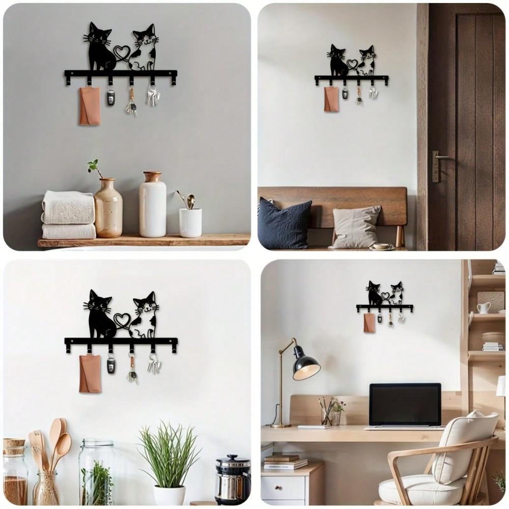 Double Cat Key Holder Wall Mount Metal Key Rack Heart Shape Black Storage Organizer for Hallway Entryway Corridor