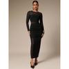 Women's Crew Neck Mesh Panel Bodycon Dress, Slim Ruffle Hem Maxi Dress