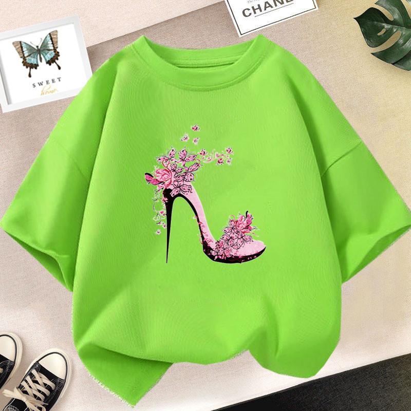 Girl Butterfly Printed Pink T-shirt, High Heels Printed Short Sleeved Shirt, Summer Fashion