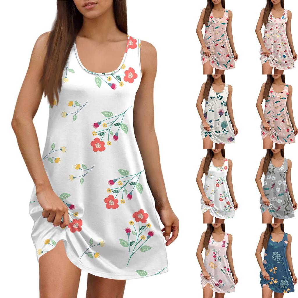 Robe d'été décontractée à imprimé floral et col carré pour femme, sans manches, avec poches