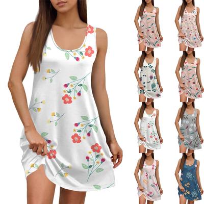Women's Summer Casual Square Neck Floral Print Dress Sleeveless Dress With Pockets