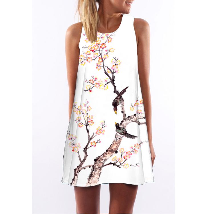 European Station European and American New Retro Digital Printing Round Neck Hot-selling Off-the-shoulder Medium and Long Vest Dress