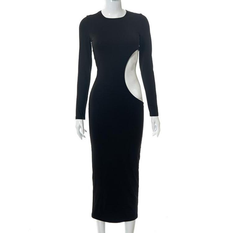 Sexy Elegantes Schwarzes Ausgeschnittenes Maxi-Kleid Damen Rundhalsausschnitt Hohe Taille Langarm Club Party Skinny Kleider