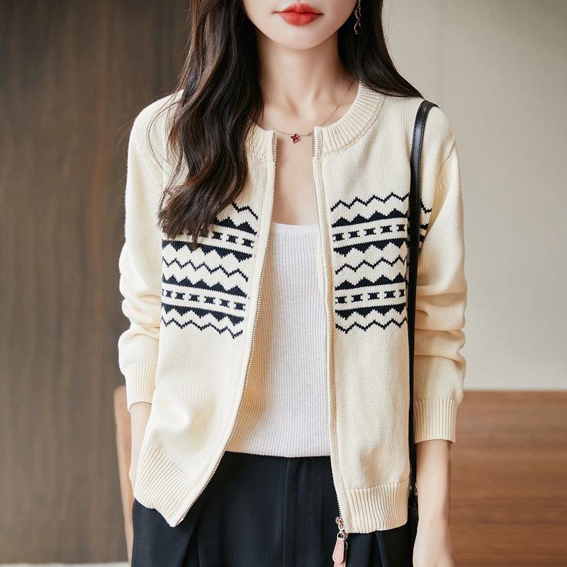 

Новый осенне-зимний вязаный кардиган с круглым вырезом и двойными молниями, с длинными рукавами и жаккардовым узором для женщин, весеннее пальто XL бежевый