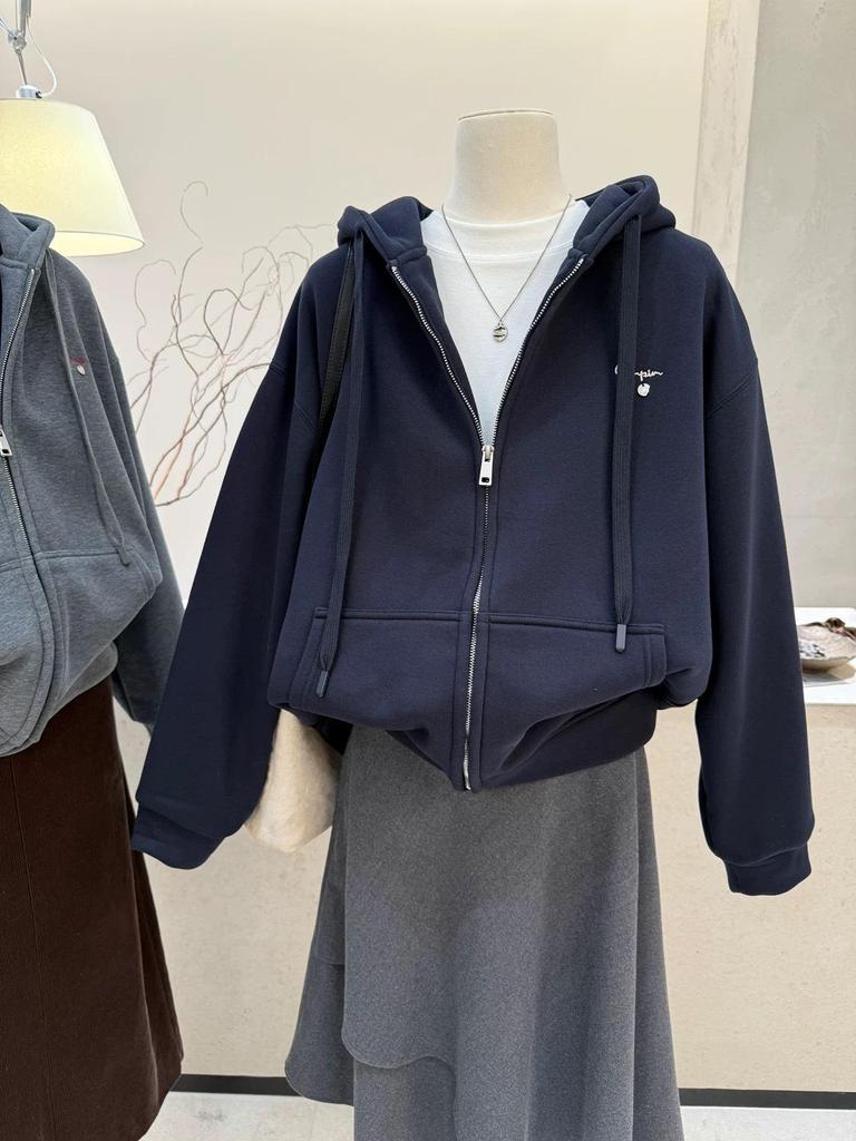Plus Size Fleece-Lined Hooded Sweatshirt Jacket with Embroidered Letters - Women's Casual Autumn/Winter Wear