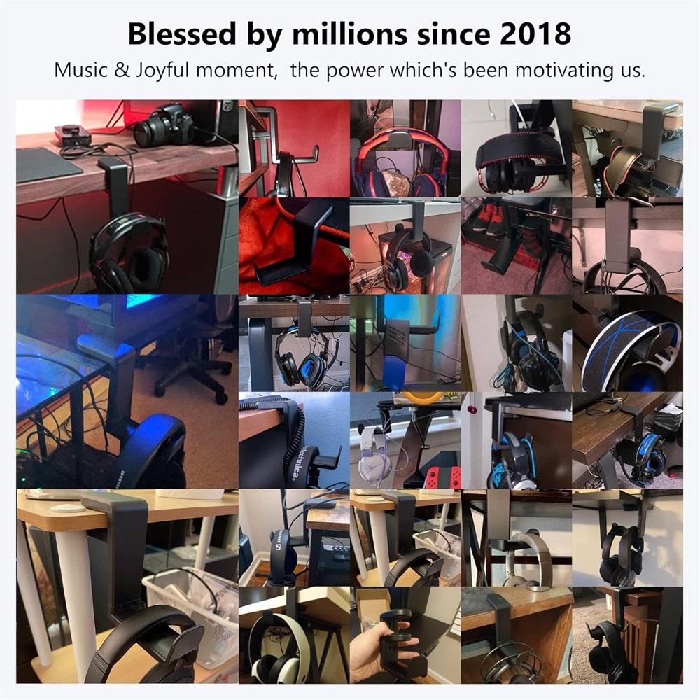 Suport pivotant pentru căști - Suport pentru căști de gaming, Suport reglabil pentru căști cu clips, cârlig pentru căști sub birou, negru