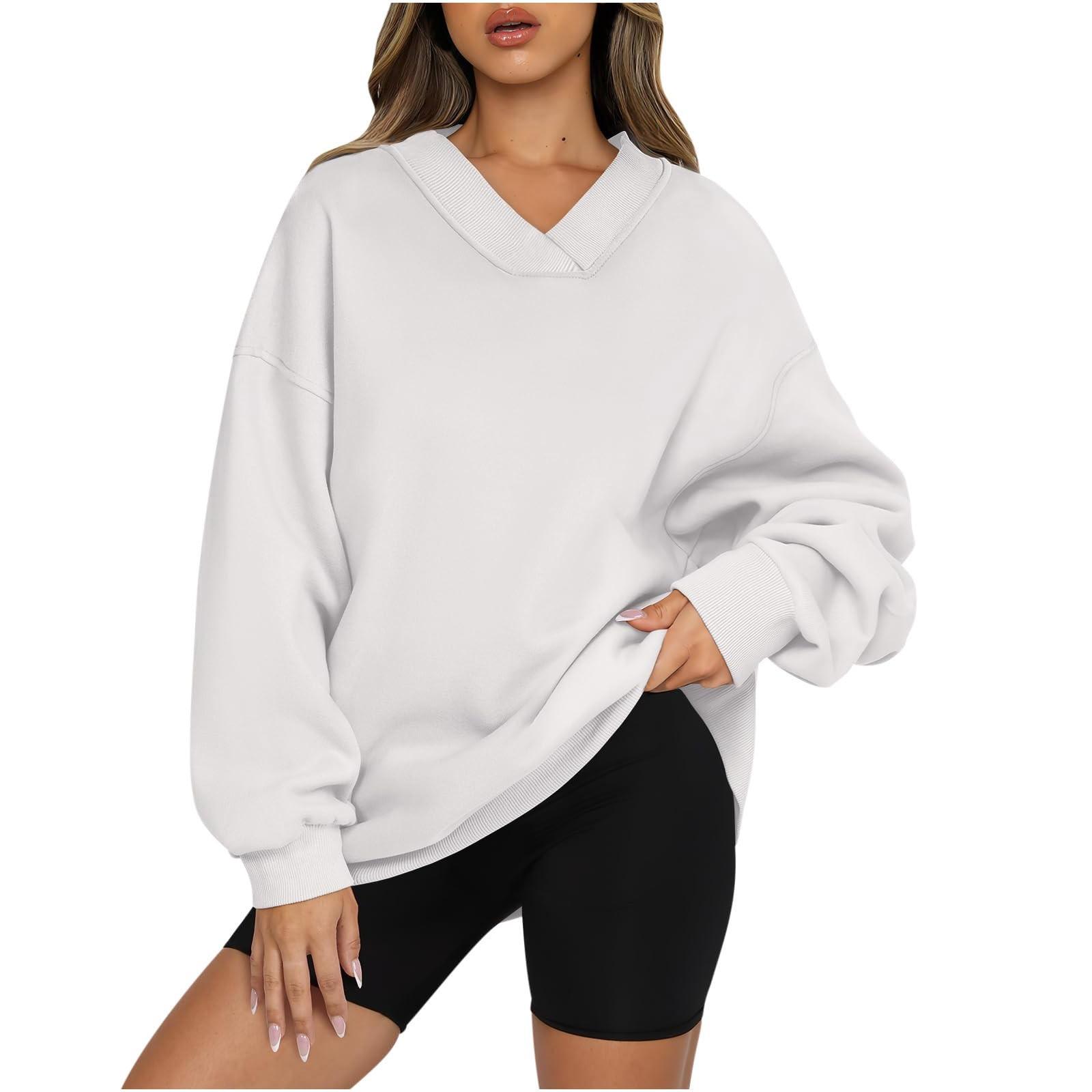 

Женская толстовка большого размера с капюшоном, повседневная рубашка с V-образным вырезом и длинным рукавом, осенняя одежда XL белый