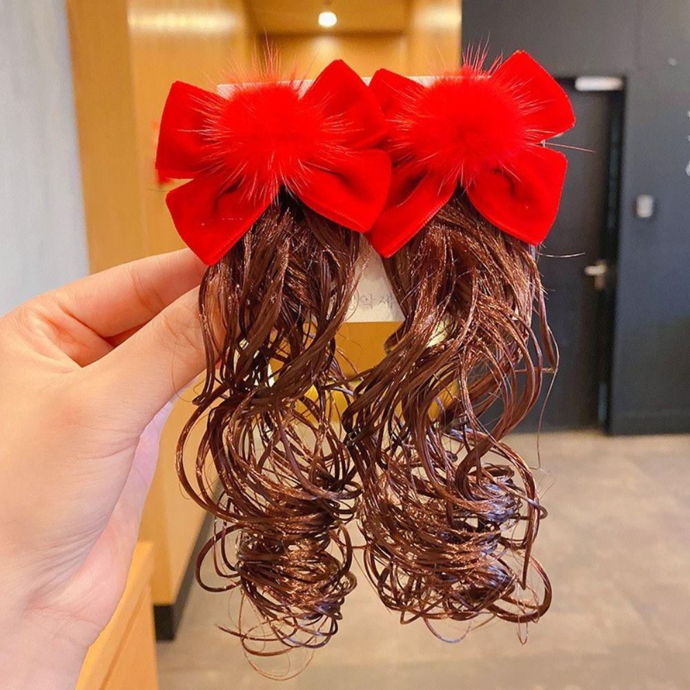 2pcs Chinese Style Baby Wig Hairpin Cute Red Bowknot Hairclip Children's Bow Wig  New Year Festive