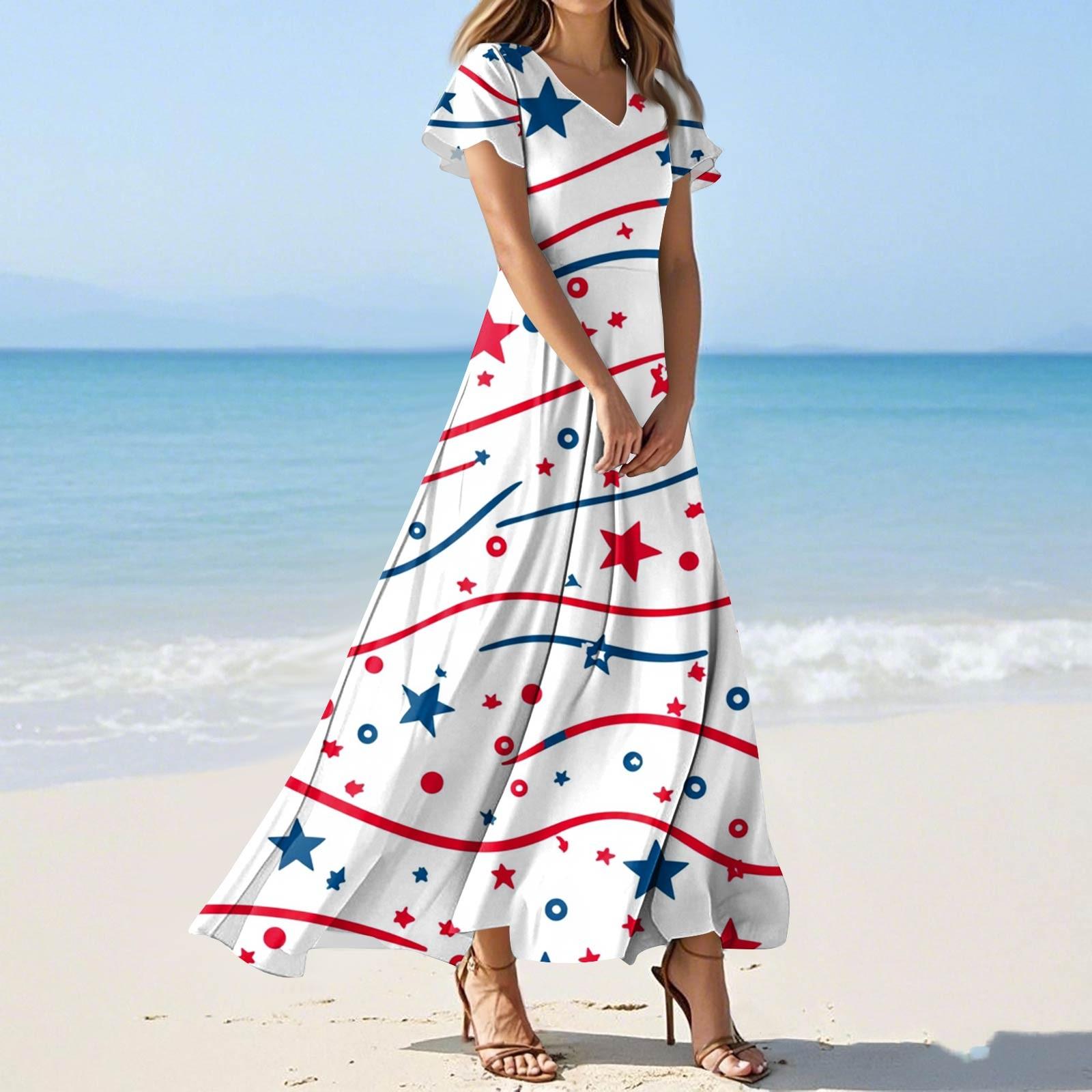 

Women s Summer Casual Fashion Print Color Dresses V-Neck Short Sleeve Dresses L червоний