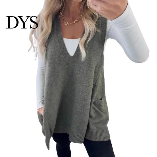 Sand Line Texture Vest Women Sweater V-neck Sleeveless Pockets Mid-length Knitting Jumper Tops Solid Color Autumn Winter Casual Knitwear Season
