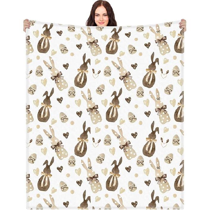 Easter Bunny Happy Blanket 50x60 Inch Rabbit Eggs Love Heart Bows Fleece Throw Decoration Farmhouse Blanket Soft Warm Bed Ornaments for Couch Sofa