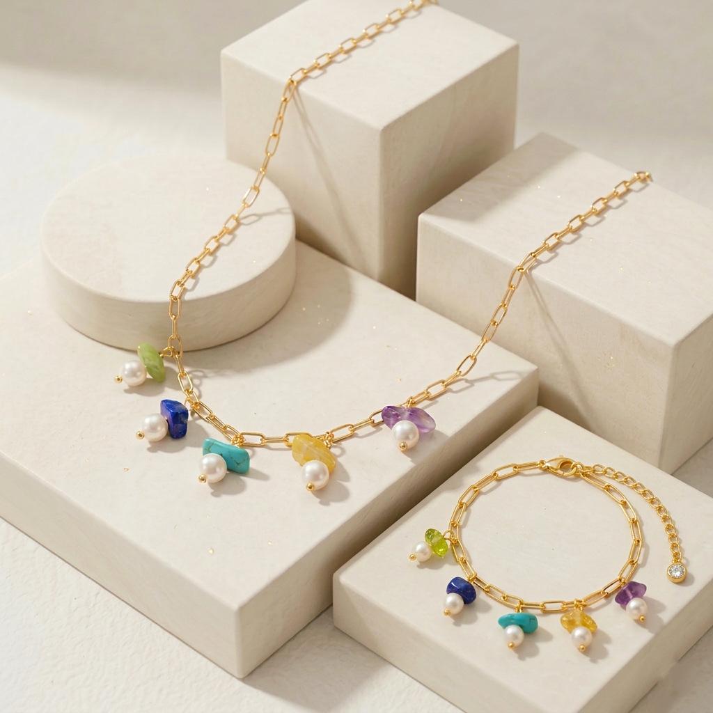 Luxury Niche Jewelry Set, Natural Stone Pendant Accessories, Titanium Steel Bracelet, Pearl Necklace for Women