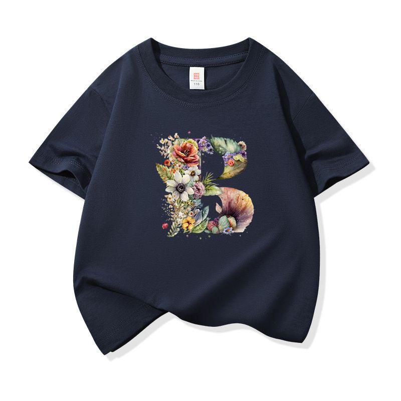 Kids Cotton T Shirt Floral Letter B Print Crew Neck Short Sleeve Tee Casual Boys Girls Summer Tops