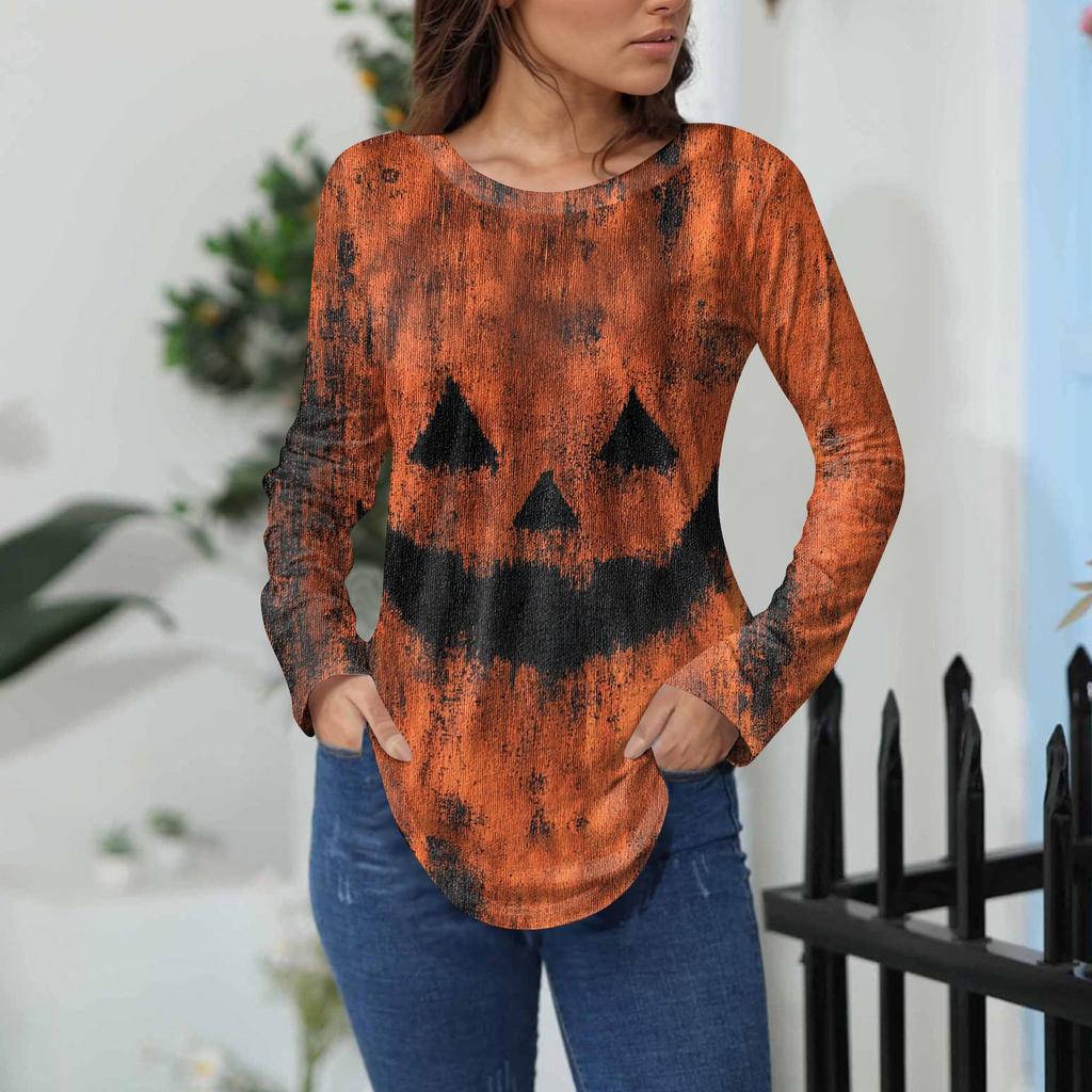 Women's Loose Fit Long Sleeve T-Shirt with Retro Halloween Print, Neck Pullover Top