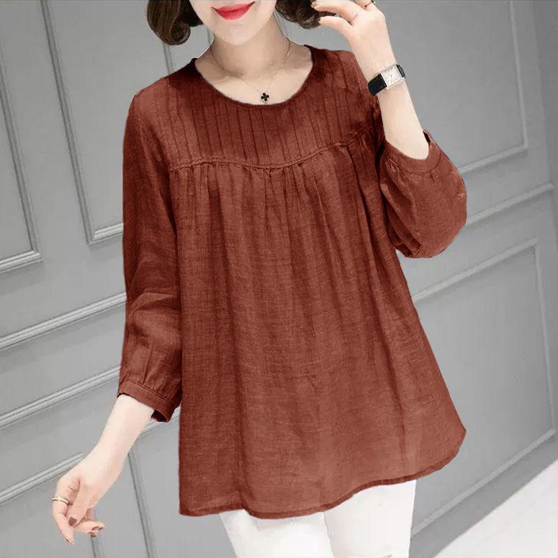 

Футболка женская из хлопка и льна с длинными рукавами, осенняя корейская блузка, свободный утягивающий топ с рукавами девять дюймов 4XL оранжевый