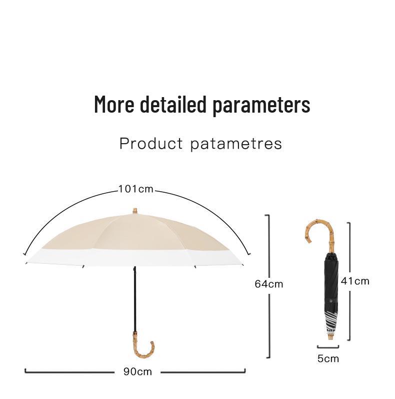 Bamboo Handle Two-Fold Umbrella - Lightweight Black UV Protection and Sunscreen Parasol