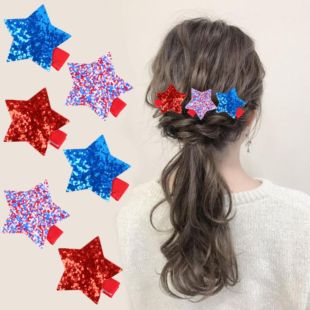 2pcs 4th of July Hair Clips Glitter American Independence Day Hair Accessories Red White Blue Glitters Star Hairpins Barrettes