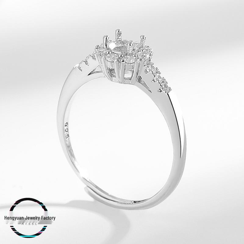 Women's Full Diamond Imitation Ring, Round Egg-Shaped Copper Mount, DIY Inlay, S925 Silver Finish